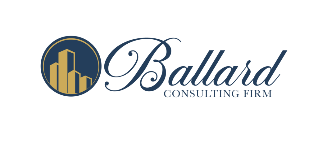 "Logo of Ballard Consulting Firm featuring stylized skyscrapers within a circular crest and elegant script font."
